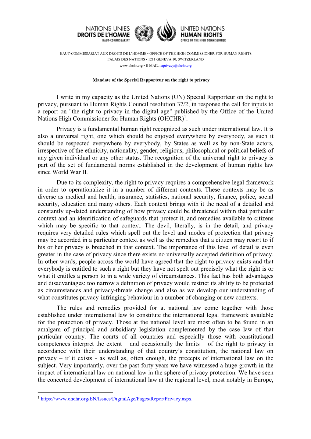 I Write in My Capacity As the United Nations (UN) Special Rapporteur on the Right to Privacy, Pursuant to Human Rights Council R