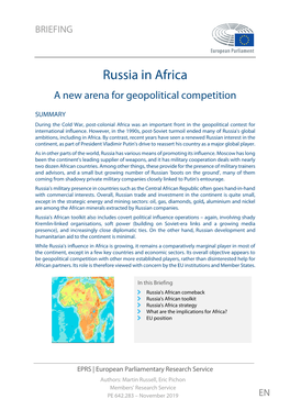 Russia in Africa : a New Arena for Geopolitical Competition