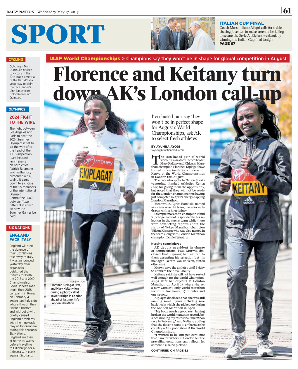 Florence and Keitany Turn Down AK's London Call-Up