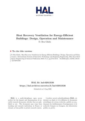 Heat Recovery Ventilation for Energy-Efficient Buildings: Design, Operation and Maintenance