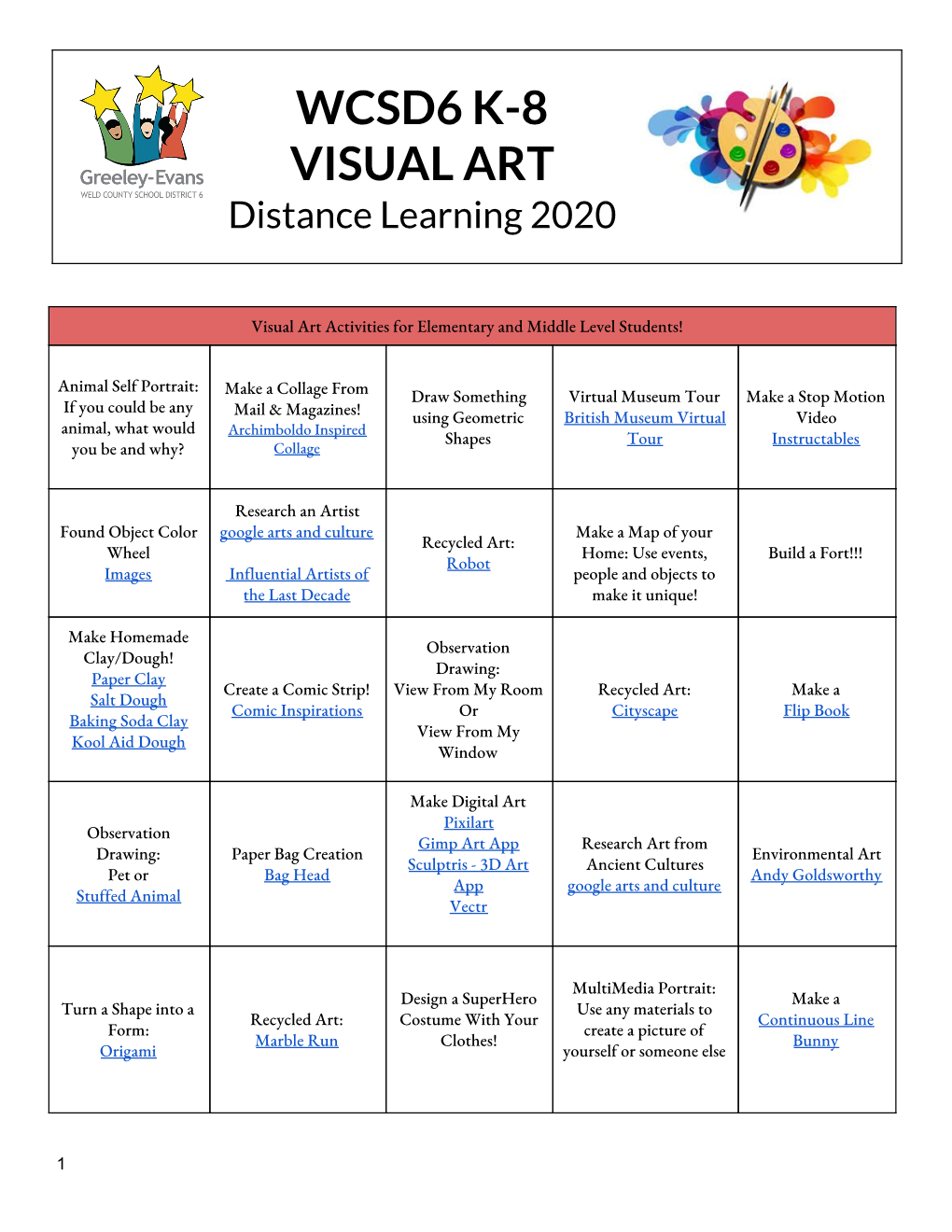 WCSD6 K-8 VISUAL ART Distance Learning 2020