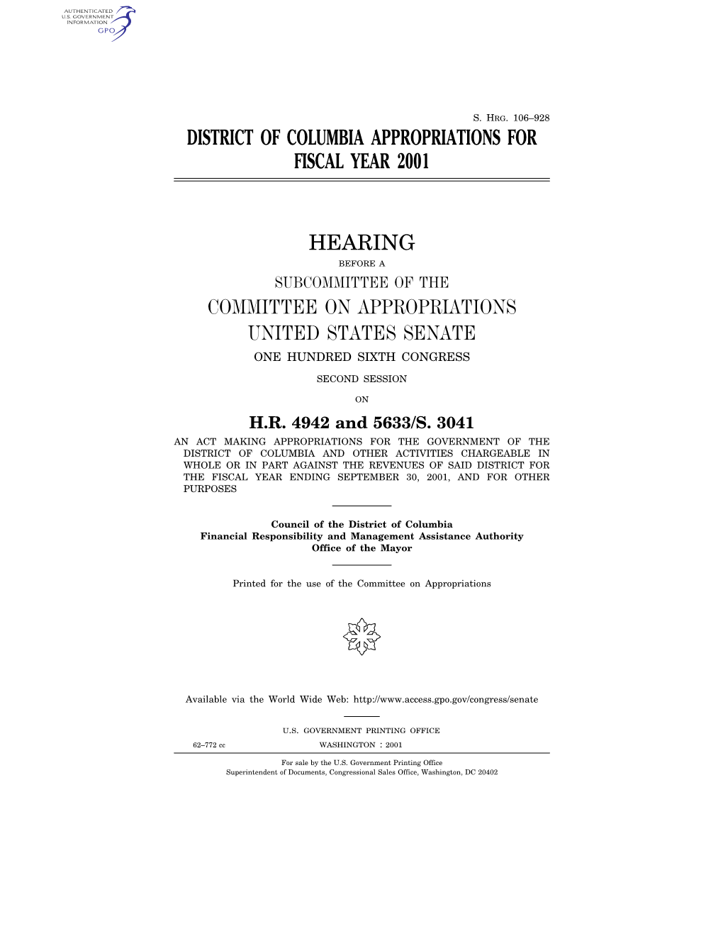 106–928 District of Columbia Appropriations for Fiscal Year 2001