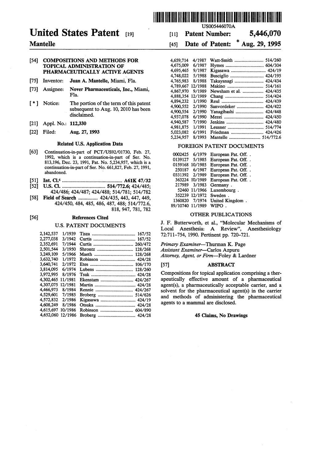 United States Patent 19 11 Patent Number: 5,446,070 Mantelle (45) Date of Patent: 