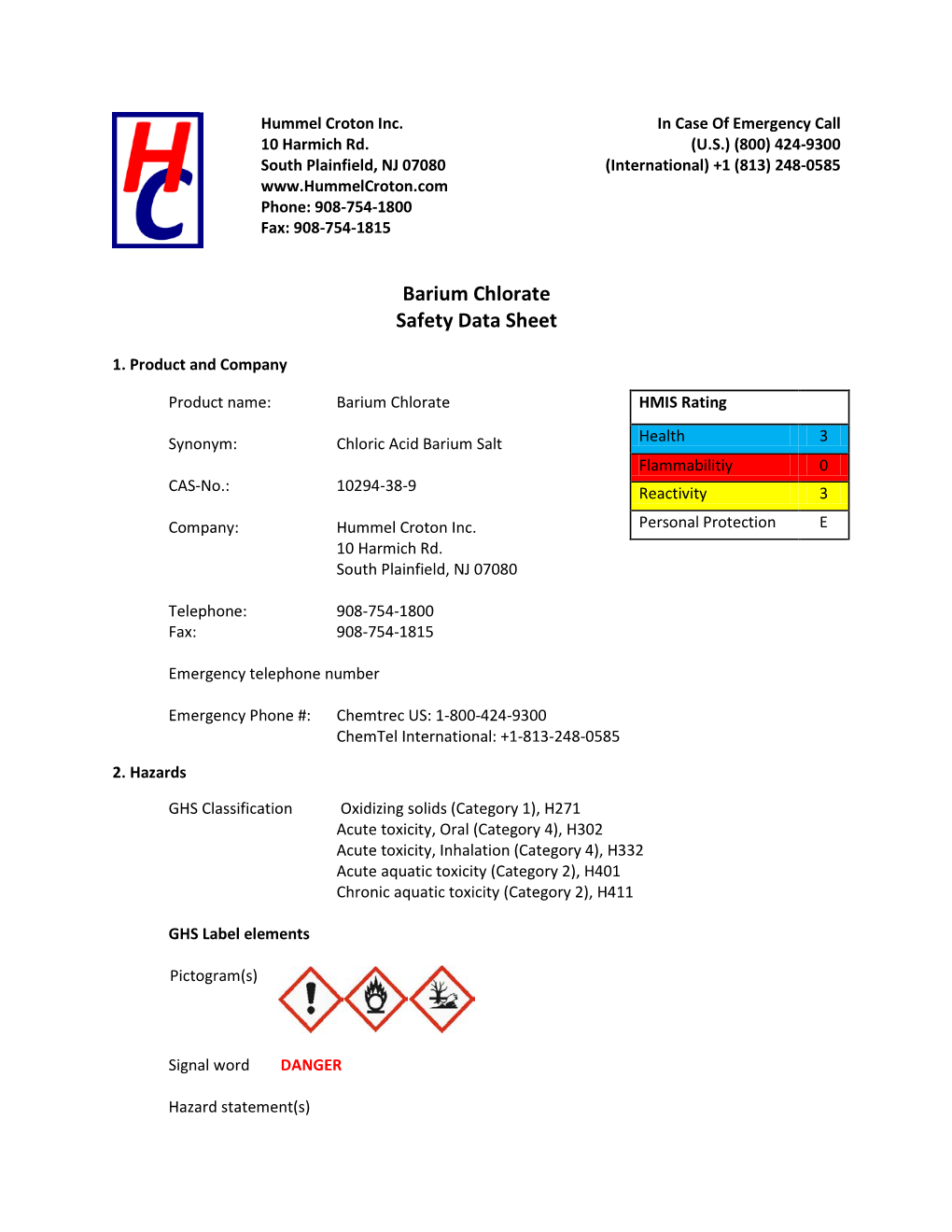 Barium Chlorate Safety Data Sheet