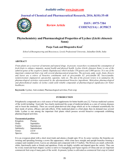 Phytochemistry and Pharmacological Properties of Lychee (Litchi Chinensis Sonn) Pooja Taak and Bhupendra Koul*