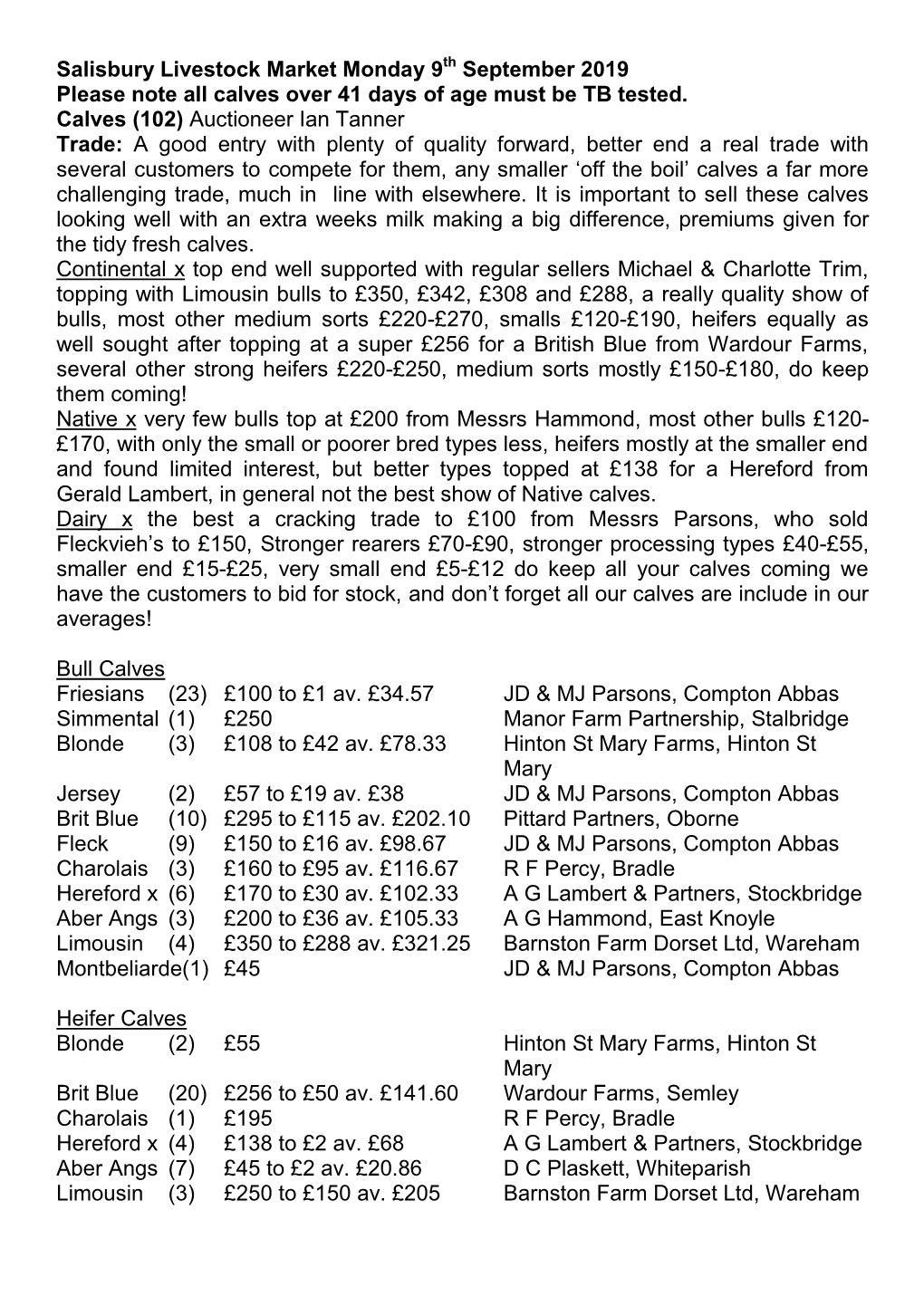 Salisbury Livestock Market Monday 9Th September 2019 Please Note All Calves Over 41 Days of Age Must Be TB Tested