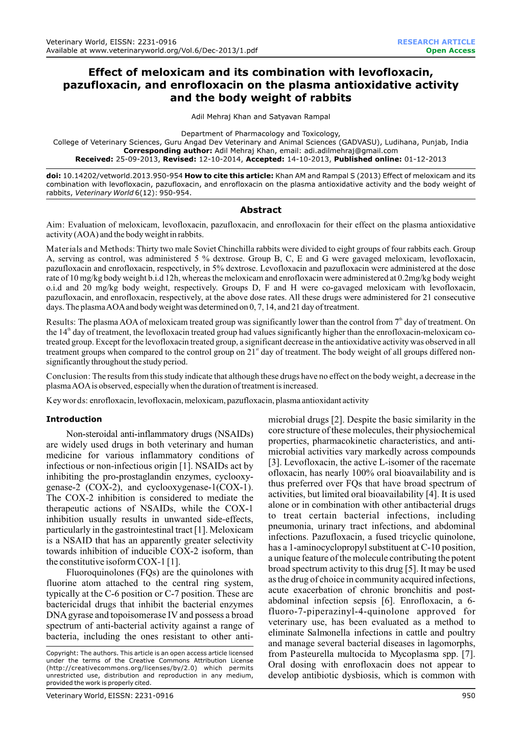 Effect of Meloxicam and Its Combination with Levofloxacin, Pazufloxacin, and Enrofloxacin on the Plasma Antioxidative Activity and the Body Weight of Rabbits