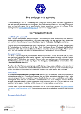 Pre and Post Visit Activities Pre-Visit Activity Ideas