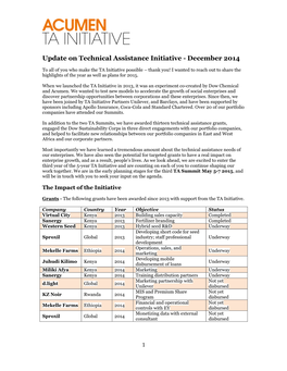 Update on Technical Assistance Initiative - December 2014