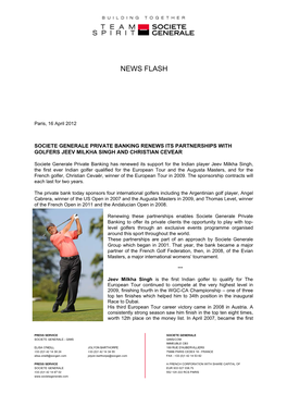 Societe Generale Private Banking Renews Its Partnerships with Golfers Jeev Milkha Singh and Christian Cevear