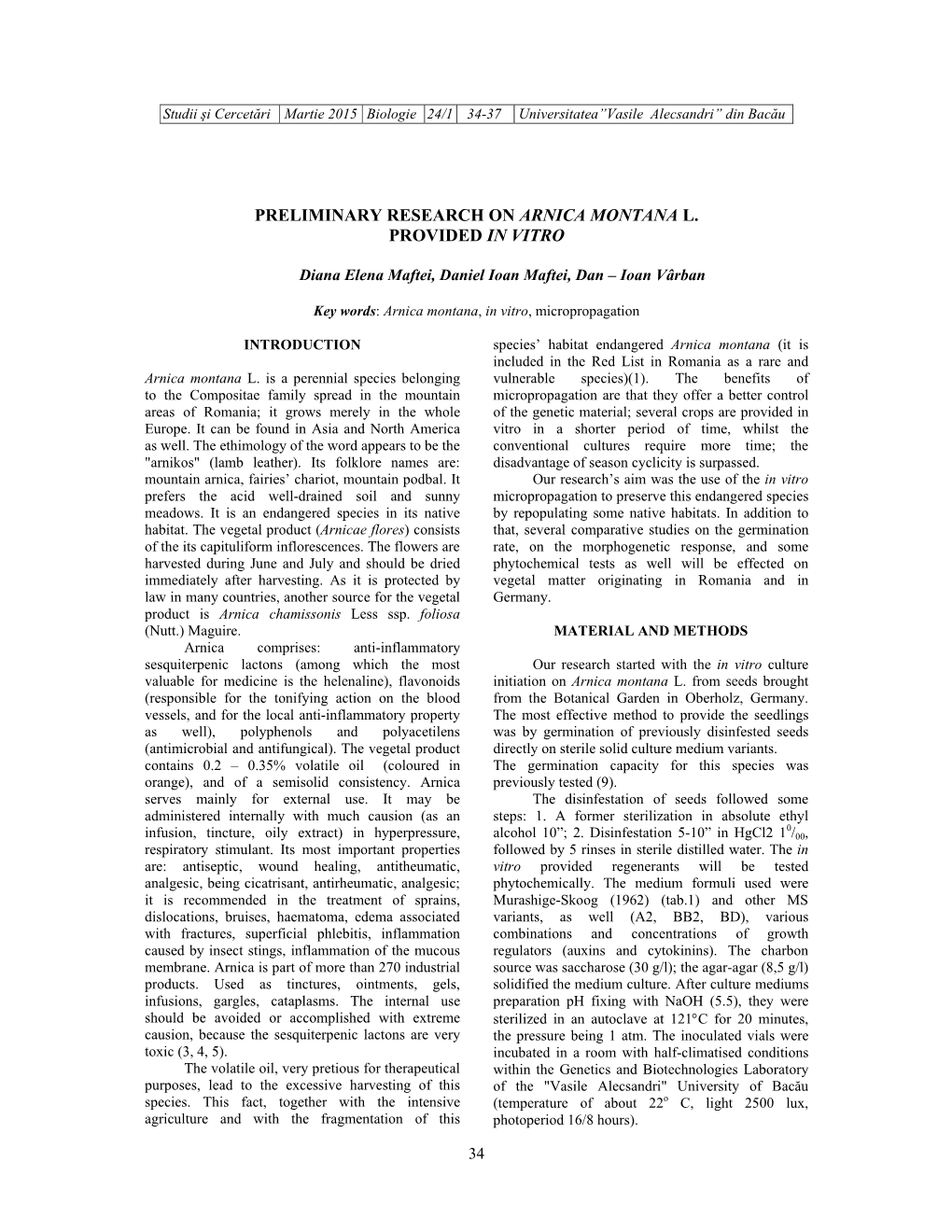 Preliminary Research on Arnica Montana L. Provided in Vitro