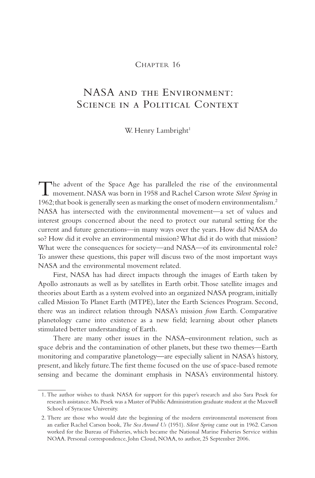 NASA and the Environment: Science in a Political Context 313