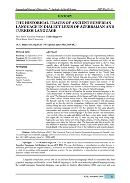 The Historical Traces of Ancient Sumerian Language in Dialect Lexis of Azerbaijan and Turkish Language