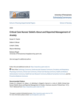 Critical Care Nurses' Beliefs About and Reported Management of Anxiety