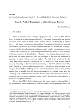 Domestic Political Determinants of China's External Behavior