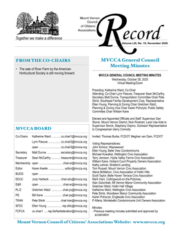 MVCCA General Council Meeting Minutes • the Sale of River Farm by the American Horticultural Society Is Still Moving Forward
