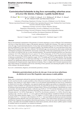 Gastrointestinal Helminths in Dog Feces Surrounding Suburban Areas of Lower Dir District, Pakistan: a Public Health Threat W