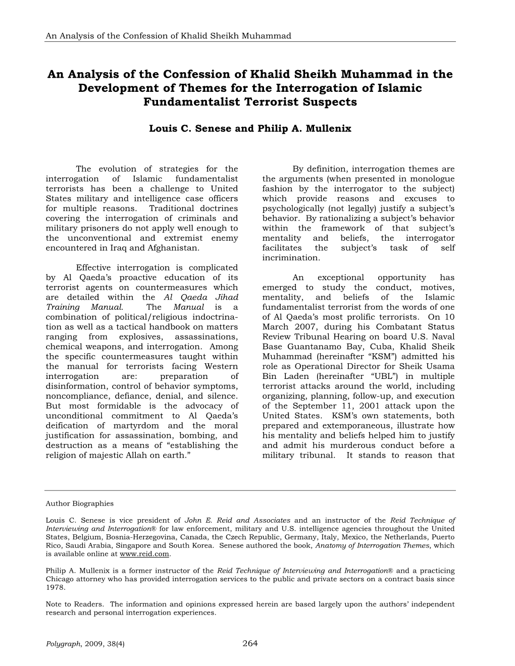 An Analysis of the Confession of Khalid Sheikh Muhammad in the Development of Themes for the Interrogation of Islamic Fundamentalist Terrorist Suspects