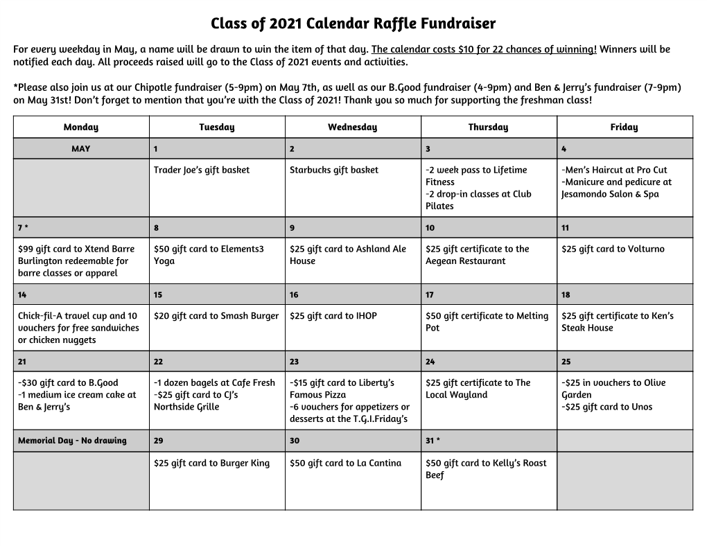 Class of 2021 Calendar Raffle Fundraiser