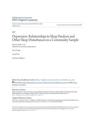 Depression: Relationships to Sleep Paralysis and Other Sleep Disturbances in a Community Sample Mariana Szklo-Coxe Old Dominion University, Mszklo@Odu.Edu