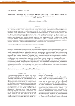 Condition Factors of Two Archerfish Species from Johor Coastal Waters, Malaysia (Faktor Keadaan Bagi Dua Spesies Ikan Sumpit Dari Pesisir Pantai Johor, Malaysia)