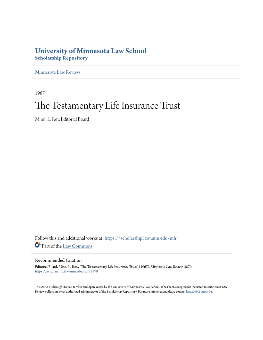 The Testamentary Life Insurance Trust I