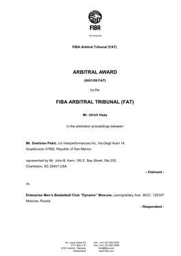 Arbitral Award Fiba Arbitral Tribunal (Fat)