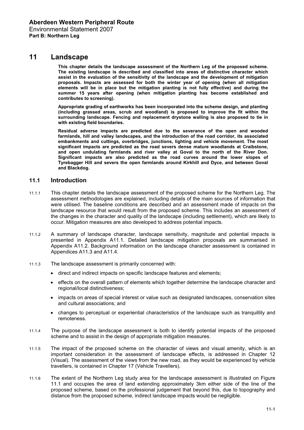 11 Landscape This Chapter Details the Landscape Assessment of the Northern Leg of the Proposed Scheme