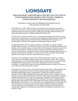 Mark Greenberg Named President and Chief Executive Officer of New Premium Entertainment Joint Venture Formed by Viacom, Paramount, Mgm and Lionsgate