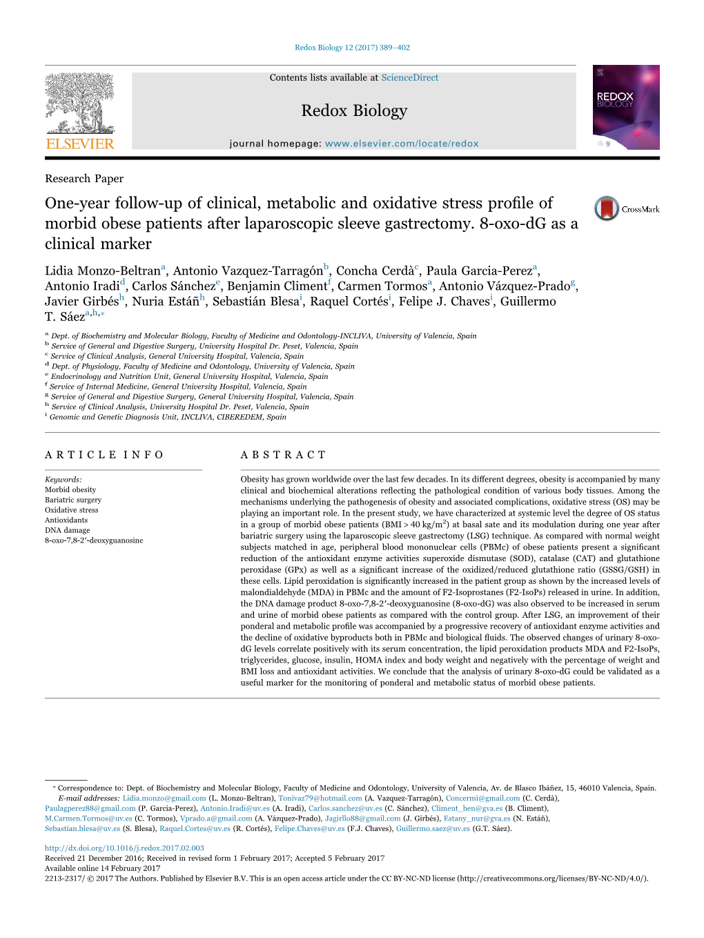 One-Year Follow-Up of Clinical, Metabolic and Oxidative Stress Pro Le of MARK Morbid Obese Patients After Laparoscopic Sleeve Gastrectomy