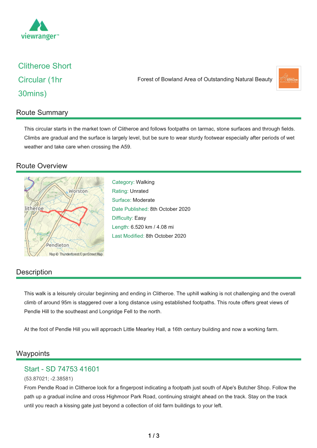 Clitheroe Short Circular (1Hr Forest of Bowland Area of Outstanding Natural Beauty 30Mins)