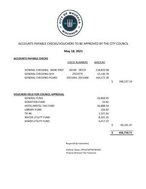 ACCOUNTS PAYABLE CHECKS/VOUCHERS to BE APPROVED by the CITY COUNCIL May 18, 2021