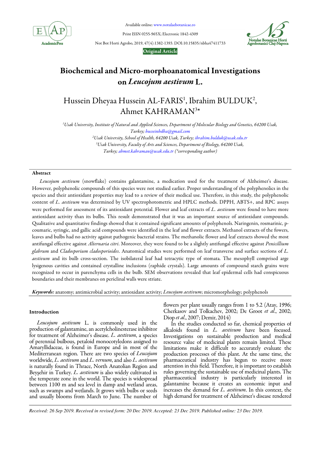 Biochemical and Micro-Morphoanatomical Investigations on Leucojum Aestivum L