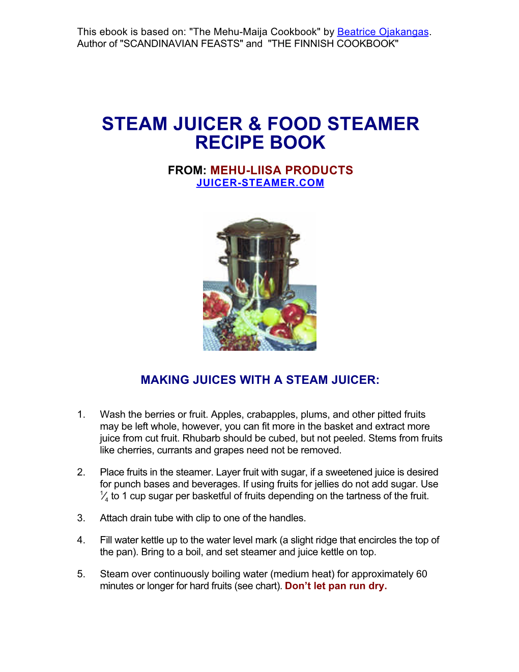 Mehu-Liisa Steam Juicer & Food Steamer Recipe Ebook