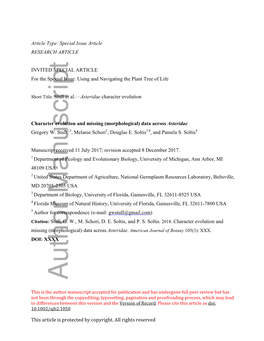 Character Evolution and Missing (Morphological) Data Across Asteridae Gregory W