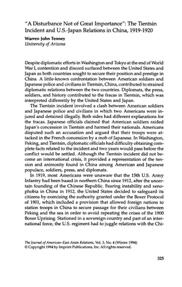 "A Disturbance Not of Great Importance": the Tientsin Incident and U.S.-Japan Relations in China, 1919-1920 Warren John Tenney University of Arizona