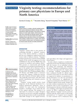 Virginity Testing: Recommendations for Primary Care Physicians in Europe and North America