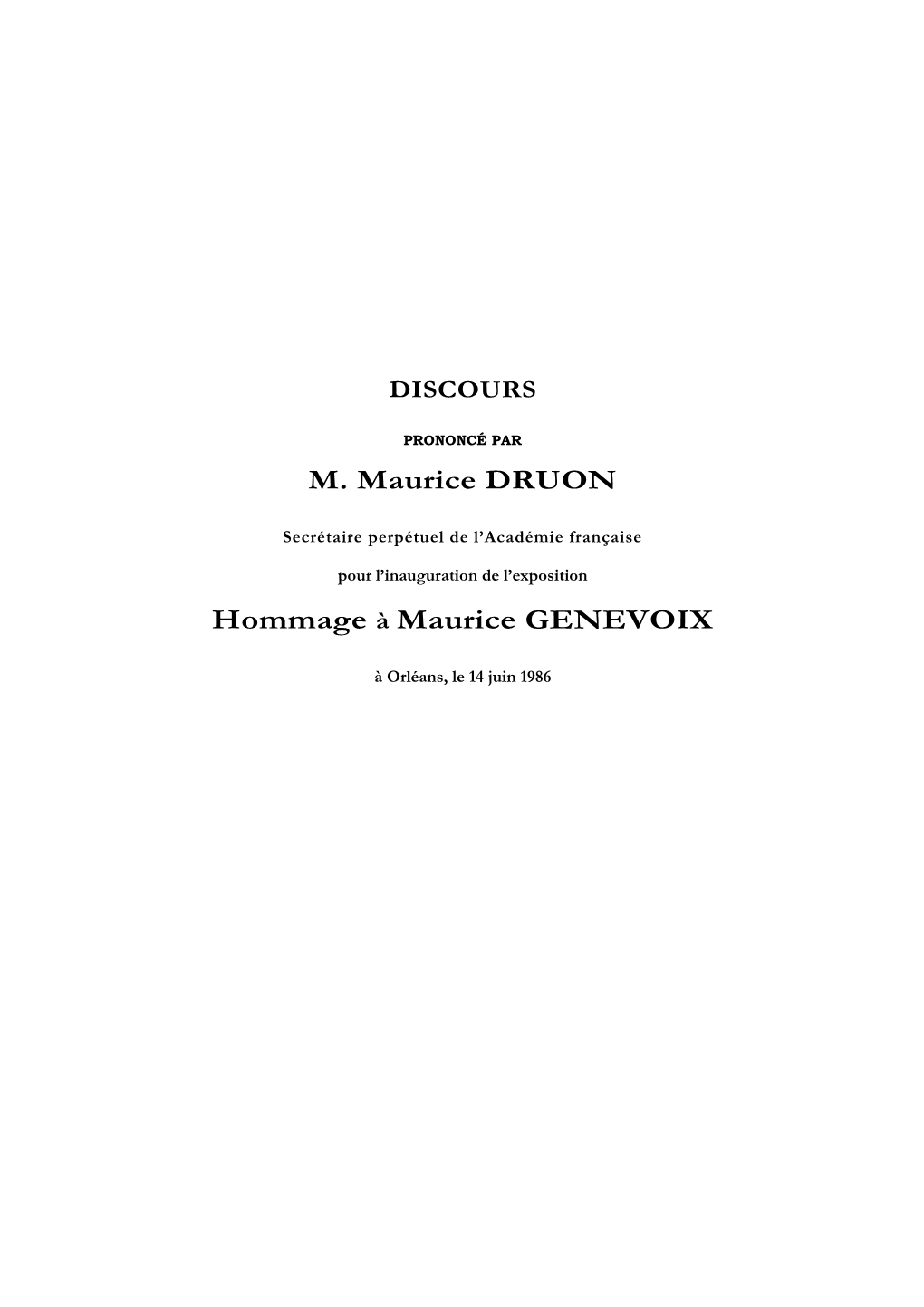 M. Maurice DRUON Hommage À Maurice GENEVOIX