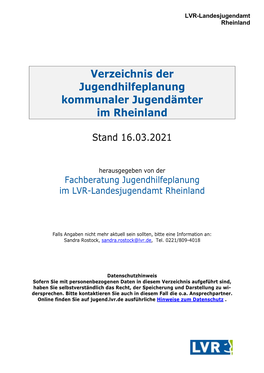 Verzeichnis Der Jugendhilfeplanung Kommunaler Jugendämter Im Rheinland