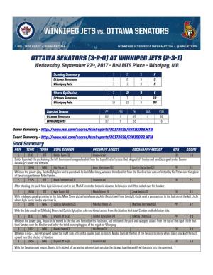 Ottawa Senators (3-2-0) at Winnipeg Jets (2-3-1) Wednesday, September 27Th, 2017 – Bell MTS Place – Winnipeg, MB