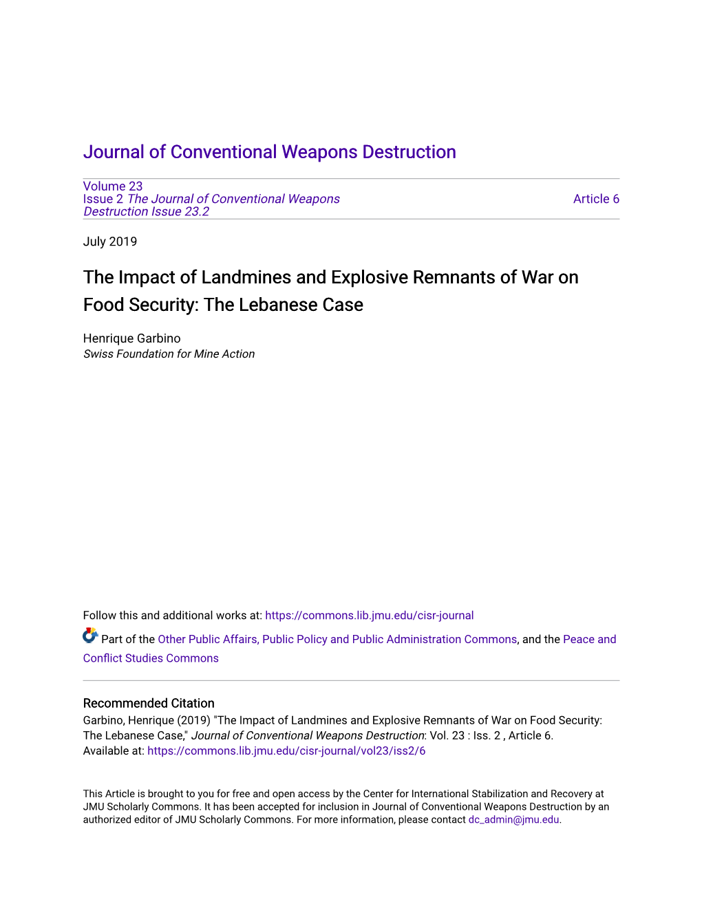 The Impact of Landmines and Explosive Remnants of War on Food Security: the Lebanese Case