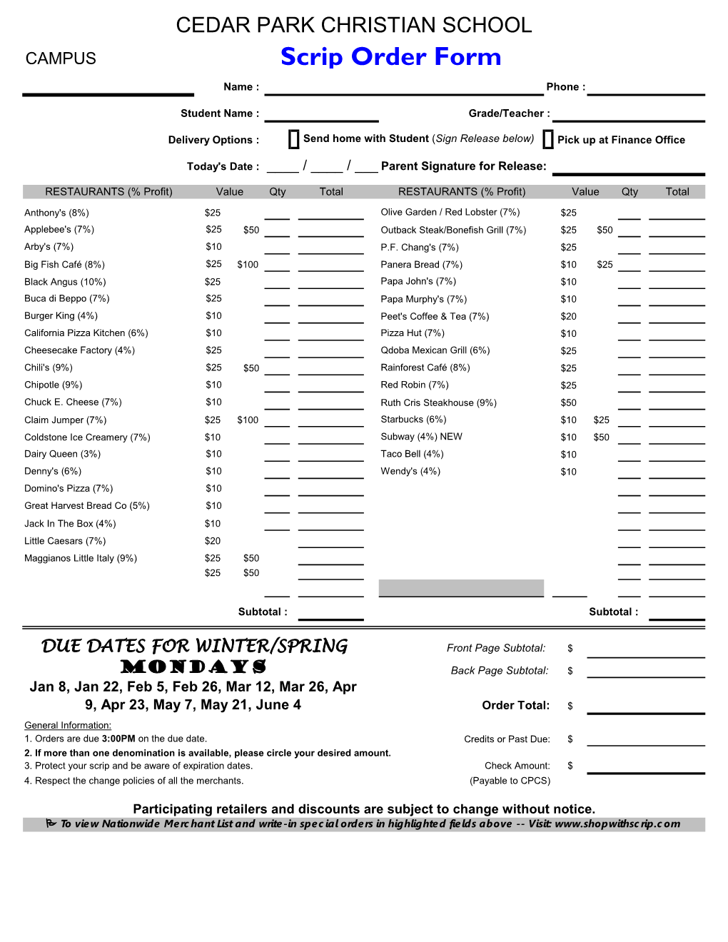 Scrip Order Form Name : Phone