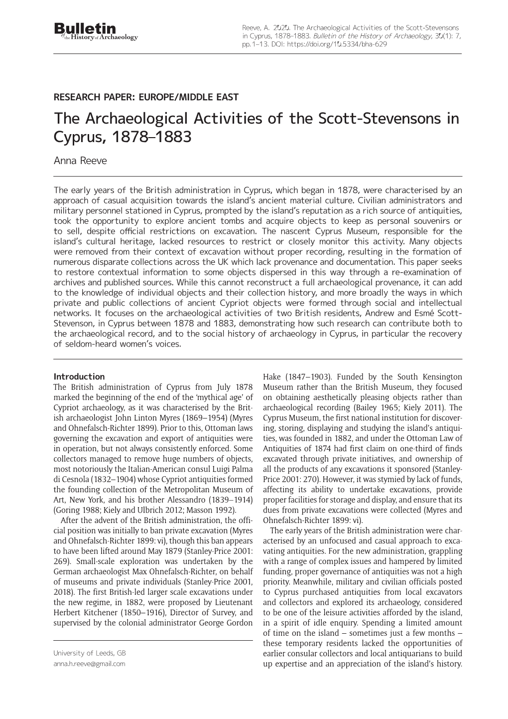 The Archaeological Activities of the Scott-Stevensons in Cyprus, 1878–1883 Anna Reeve