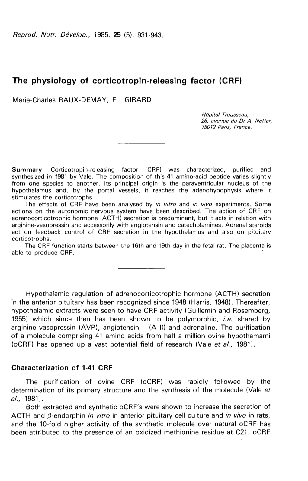 The Physiology of Corticotropin-Releasing Factor (CRF)