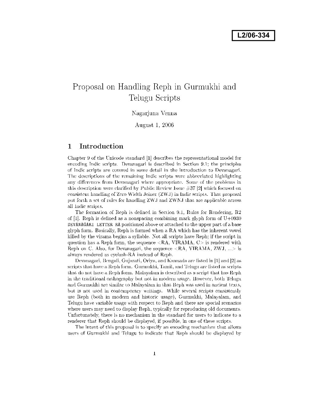 Proposal on Handling Reph in Gurmukhi and Telugu Scripts 1