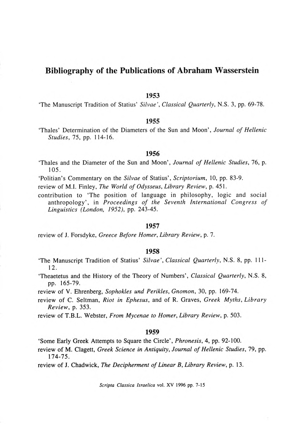 Bibliography of the Publications of Abraham Wasserstein