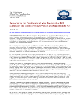 Remarks by the President and Vice President at Bill Signing of the Workforce Innovation and Opportunity Act