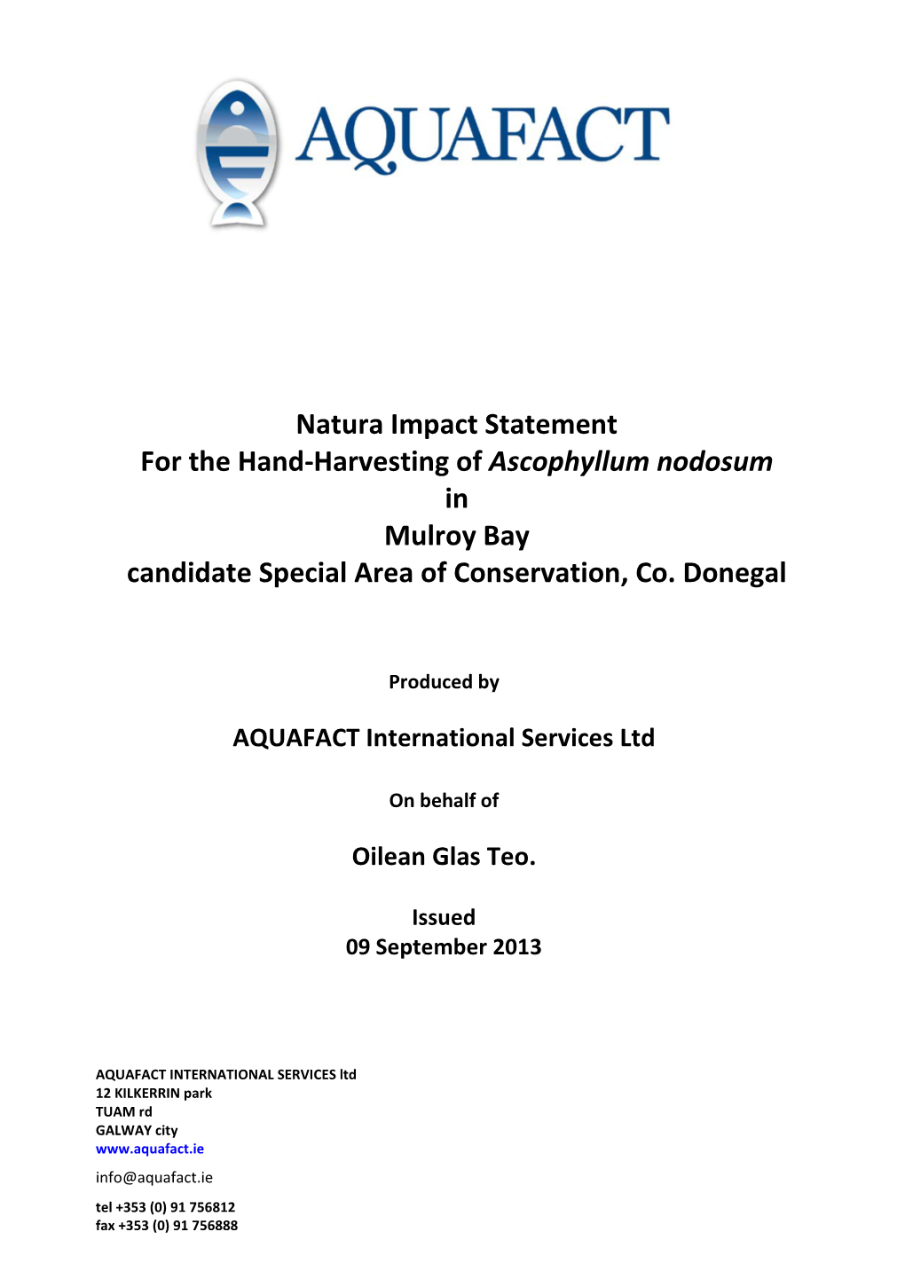 Natura Impact Statement for the Hand-Harvesting of Ascophyllum Nodosum in Mulroy Bay Candidate Special Area of Conservation, Co