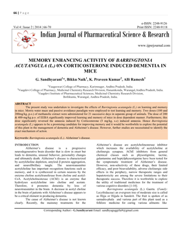 Memory Enhancing Activity of Barringtonia Acutangula (L.) 0N Corticosterone Induced Dementia in Mice