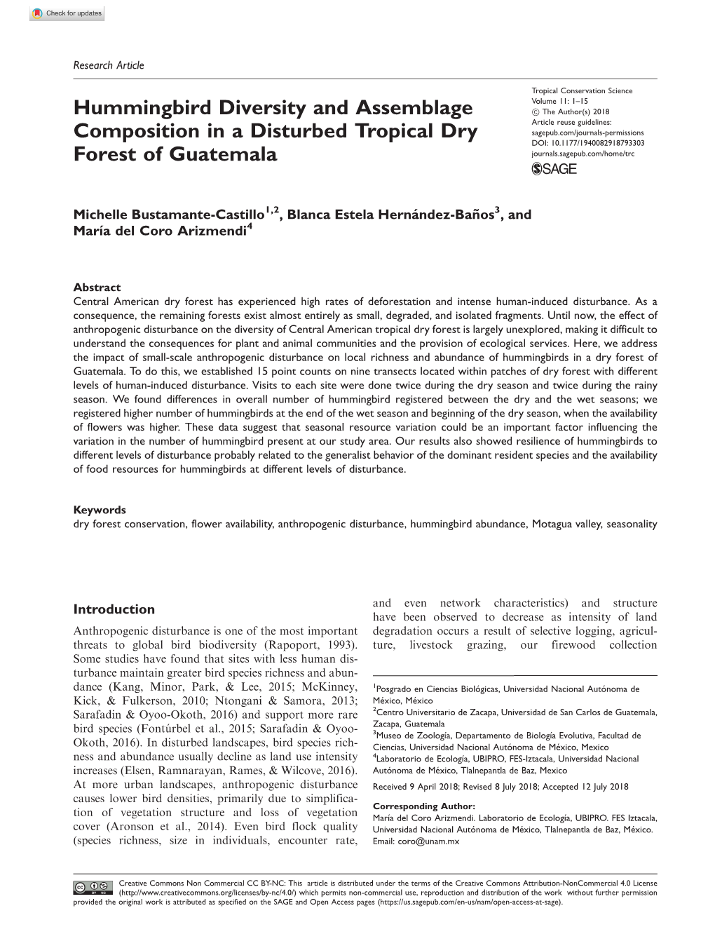 Hummingbird Diversity and Assemblage Composition in a Disturbed Tropical Dry Forest of Guatemala